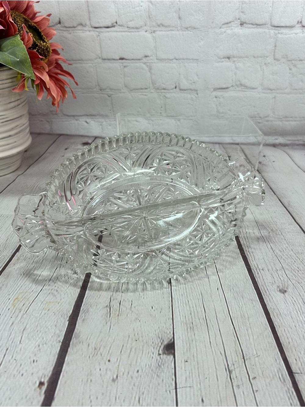 vtg anchor hocking Clear Cut Glass divided oval Serving Tray starburst scalloped